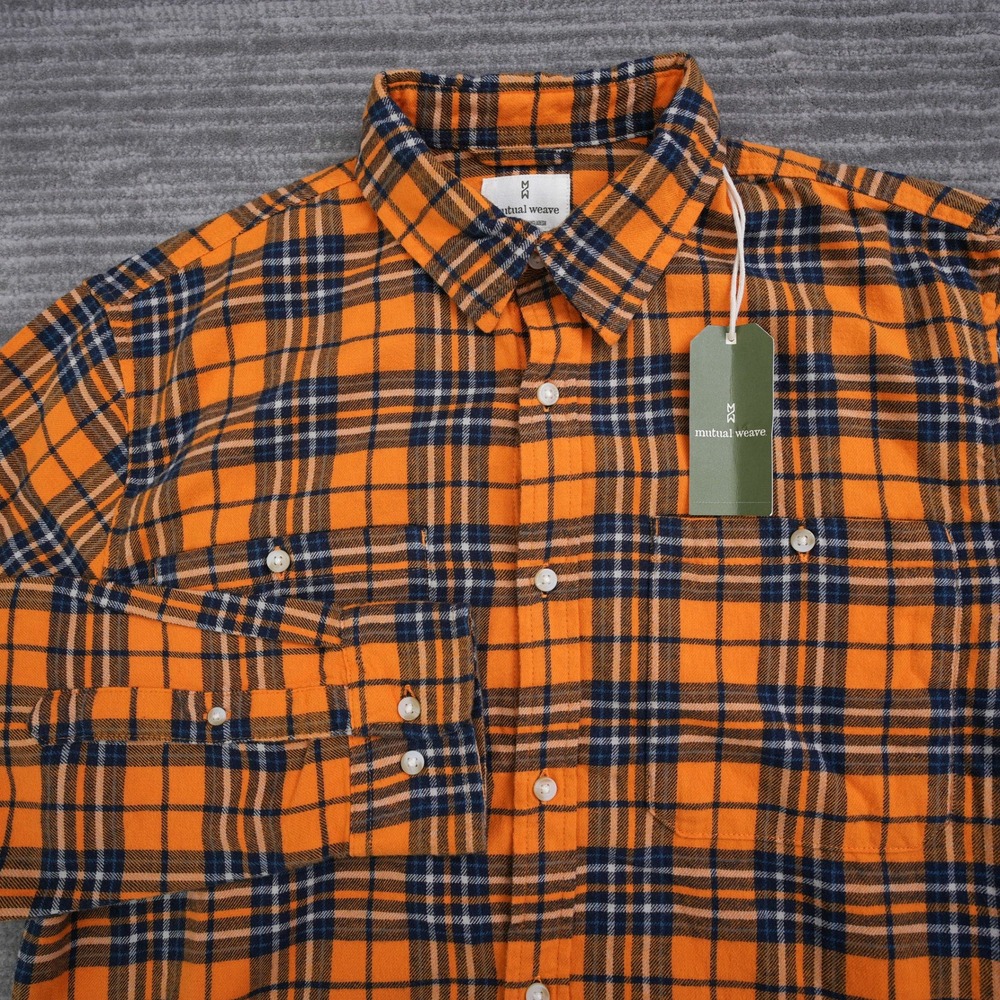 Mutual Weave Plaid Flannel Button Up Shirt Men Orange Navy Blue New Tag Large